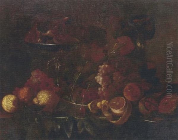 Grapes, Lemons, Pomegranates, An Orange And Other Fruit On Pewter Platters, With A Tazza Of Figs On A Table Oil Painting by Cornelis De Heem