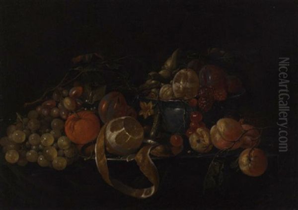 A Partly-peeled Lemon On A Pewter Plate, And Plums, Cherries And Other Fruit In A Porcelain Bowl, With Grapes, Plums, A Gherkin And Peaches On A Partly-draped Table Oil Painting by Cornelis De Heem