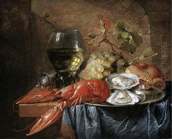 A Lobster, A Pepper Box, A Roemer, A Bunch Of Grapes, A Bread Roll And Oysters On A Pewter Dish On A Table Top Draped With A Blue Cloth Oil Painting by Cornelis De Heem