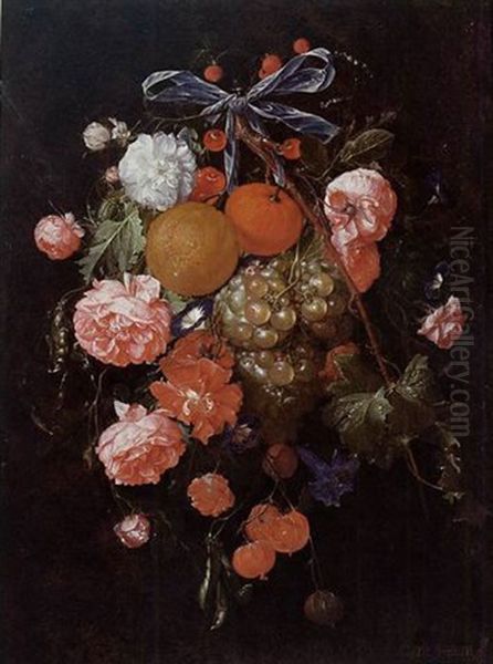 A Bouquet Of Flowers And Fruit With Pea Pods, Tied Together With A Blue Ribbon And Hanging From A Nail Oil Painting by Cornelis De Heem