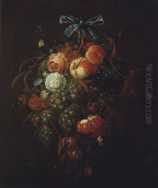 Stilleben Mit Einem Blumenstraus Und Fruchten Sowie Zwei Schnecken Und Einer Kleinen Spinne Oil Painting by Cornelis De Heem