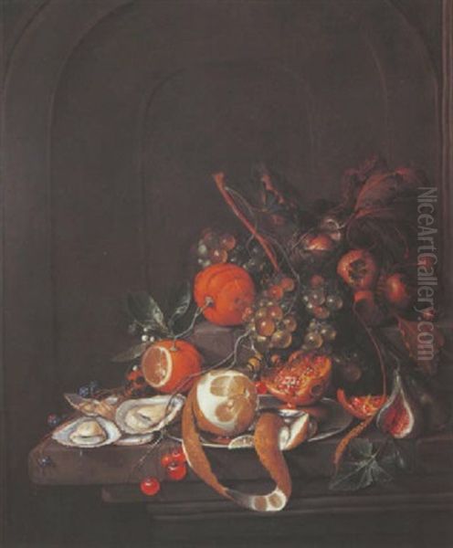 Nature Morte Aux Raisins, Citron, Oranges Et Nefles Sur Un Entablement Oil Painting by Cornelis De Heem