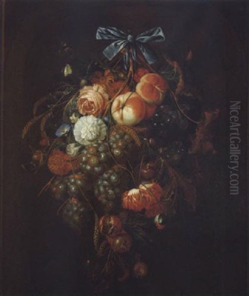 Stilleben Mit Einem Blumenstraus Und Fruchten Sowie Zwei Schnecken Und Einer Kleinen Spinne Oil Painting by Cornelis De Heem