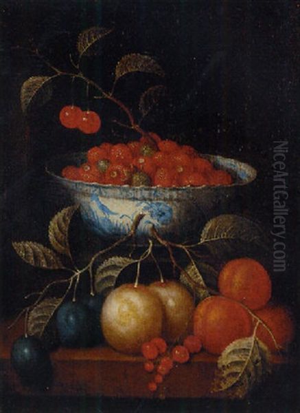 Cherries And Other Fruit In A Kraak Porselein Bowl, With Plums, Oranges And Redcurrants On A Ledge Below Oil Painting by Cornelis De Heem