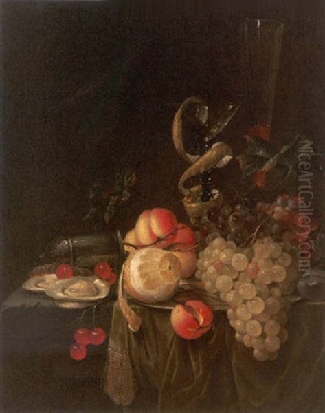 Stilleben. Austern, Trauben, Eine Angeschalte Zitrone Und Ein Aprikosenzweig Sowie Ein Venezianerglas Oil Painting by Cornelis De Heem