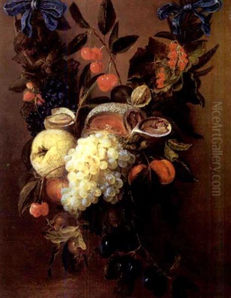 A Garland Of Apricots, Figs, Cherries, Strawberries, Plums, A Melon And Other Fruit Attached To A Blue Ribbon Oil Painting by Cornelis De Heem