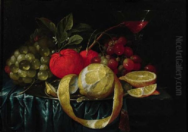 A Peeled Lemon, Oranges, Grapes On Pewter Plate, And A Facon-de-venice Wineglass On A Draped Table Oil Painting by Cornelis De Heem