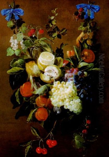 Fruchtgehange Mit Weintrauben, Pfirsichen, Marillen, Kirschen, Stachelbeeren, Brombeeren, Himbeeren Und Johannesbeeren Oil Painting by Cornelis De Heem