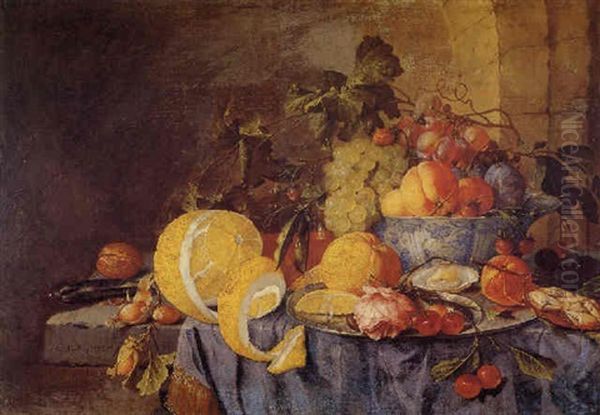 Fruit In A Porcelain Bowl, Oysters, An Orange, Cherries And A Rose On A Plate, A Wine Glass, Hazelnuts, A Knife And A Lemon On A Partly Draped Table Oil Painting by Cornelis De Heem