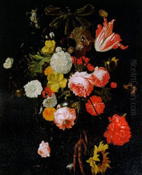 A Swag Of Tulips, Roses, Sunflowers, Poppies, Carnations And Other Flowers Hanging From A Ribbon, At A Stone Niche Oil Painting by Cornelis De Heem