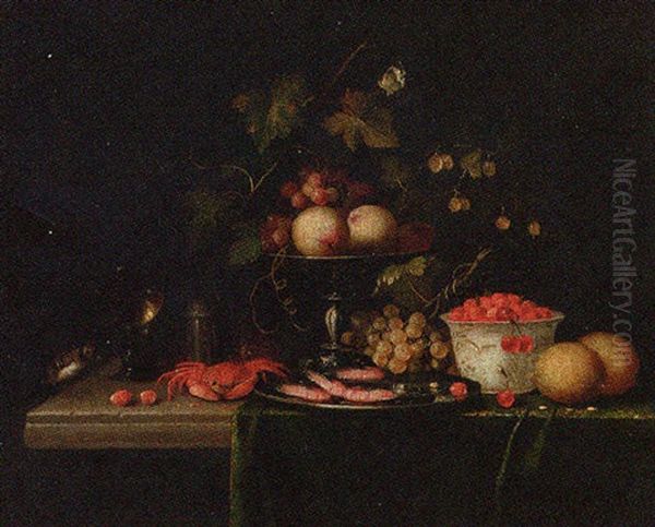 Grapes On A Vine With Gooseberries In A Tazza With, Prawns In A Pewter Dish, A Crab, A Bowl Of Strawberries, Lemons And A Roemer Oil Painting by Cornelis De Heem