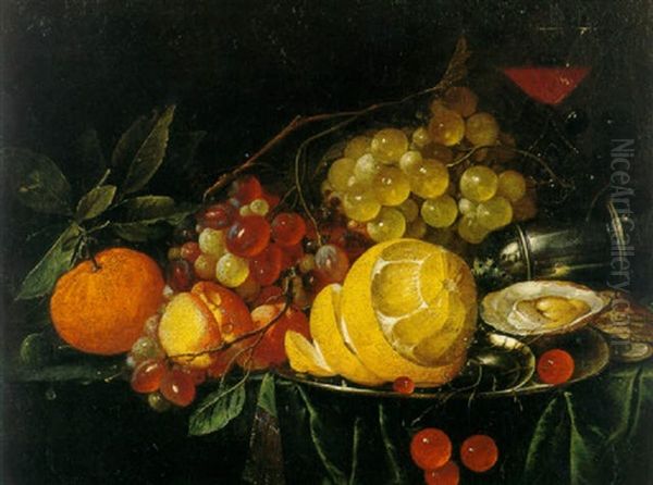 Still Life Of Grapes, An Orange, A Peeled Lemon, Cherries, Oysters, A Spice Castor And A Glass Of Wine On A Stone Ledge Oil Painting by Cornelis De Heem