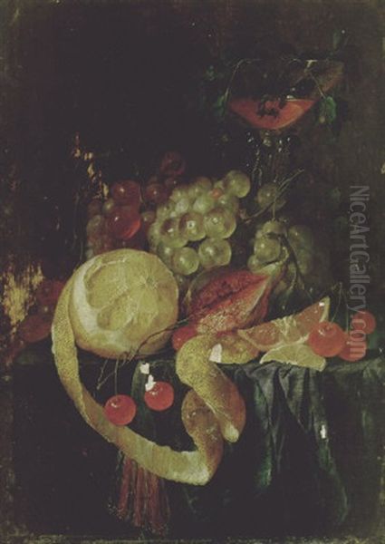 Still Life Of A Peeled Lemon, Grapes, A Fig And Cherries By A Facon De Venise Goblet On A Draped Table Oil Painting by Cornelis De Heem