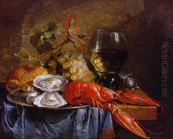 A Lobster, Oysters On A Pewter Plate, Grapes, A Bread Roll, A Pepper Box And A Roemer On A Partly Draped Table In A Niche Oil Painting by Cornelis De Heem