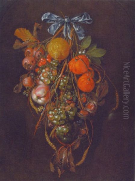 A Swag Of Grapes, Horse-chestnuts, A Lemon, Blackberries, Oranges, Quinces And Ears Of Wheat Hanging From A Bow, With Snails Oil Painting by Cornelis De Heem