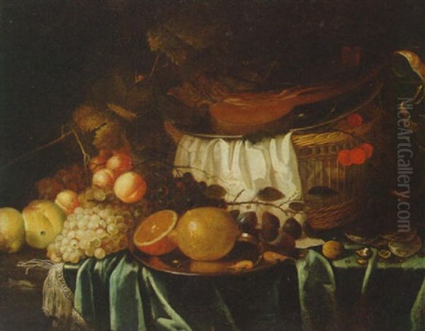 Grapes, Apricots, Peaches And Other Fruit On A Pewter Plate With A Basket And A Wine Glass On A Partially Draped Table Oil Painting by Cornelis De Heem