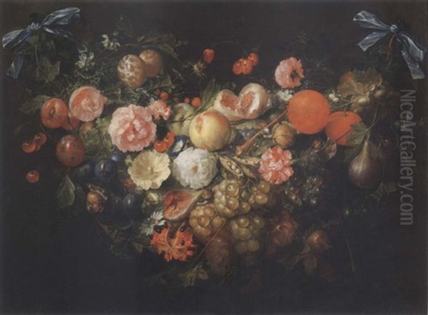 Stil Life Of A Swag Of Fruit And Flowers Hanging From Ribbons Oil Painting by Cornelis De Heem