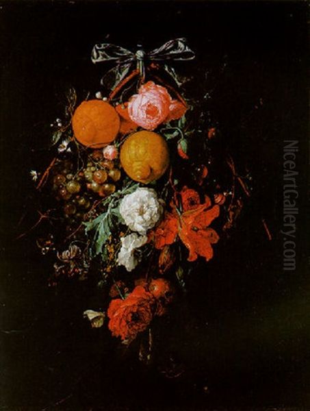 A Swag Of Oranges, Roses And Other Fruit And  Flowers Hangin From A Bow With Butterflies, A Snail, A Bee And A Spider Oil Painting by Cornelis De Heem