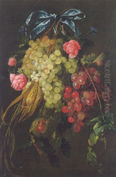 A Still Life Of Grapes, Roses, Oranges Blossom, Maize, Sweet Chestnuts And Plums Hanging From A Blue Silk Ribbon Oil Painting by Cornelis De Heem