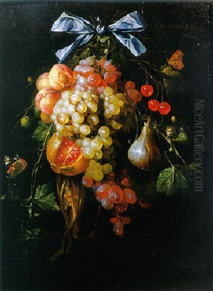 A Swag Of Grapes, Peaches, A Pomegranate, Cherries, Maize, And A Quince Hanging From A Blue Ribbon, A Snail And Butterflies Nearby Oil Painting by Cornelis De Heem