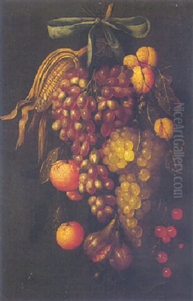 A Bunch Of Grapes, Oranges, Figs And Other Fruits, Tied With A Ribbon, Hanging From A Nail Oil Painting by Cornelis De Heem