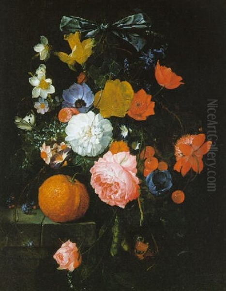 Stilleben Von Rosen, Anemonen, Wicken, Marzenbechern, Hyazinthen, Kirschen, Einer Orange Und Funf Schmetterlingen Oil Painting by Cornelis De Heem