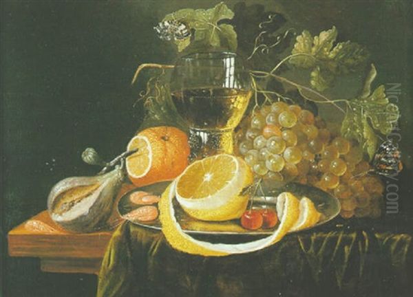 Nature Morte Au Raisin, Citron Et Verre Rohmer Sur Un Entablement Oil Painting by Cornelis De Heem