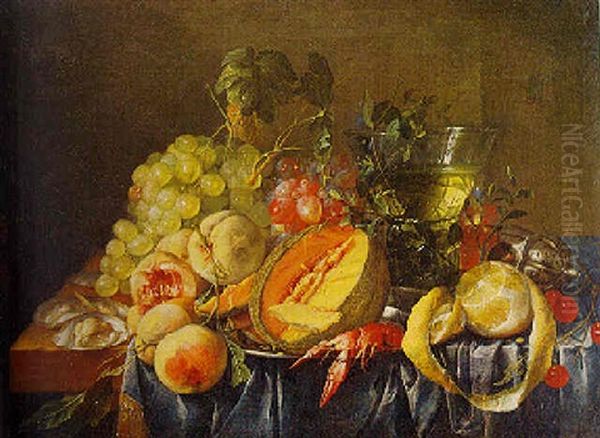 Still Life With Grapes, A Cut Melon, Peaches, A Lemon, Oysters, A Crayfish, And A Conical Roemer Oil Painting by Cornelis De Heem