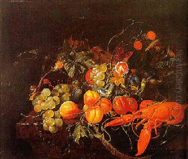 Still Life Of Fruit And Flowers On A Table With A Lobster Oil Painting by Cornelis De Heem