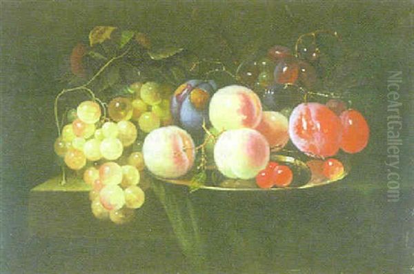 Still Life Of Grapes, Plums, Peaches On A Pewter Plate, All Upon A Table Top Draped With A Green Drape Oil Painting by Cornelis De Heem