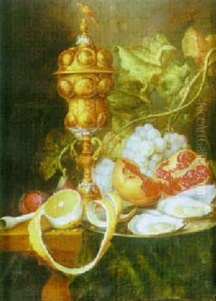 Still Life Of Grapes, Oysters And Pomegranate On A Pewter Tazza Oil Painting by Cornelis De Heem