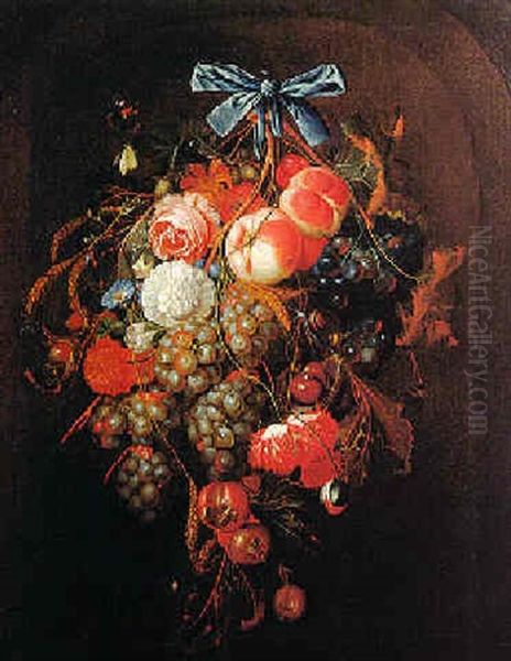 Blumen Und Fruchtegebinde Mit Insekten Oil Painting by Cornelis De Heem