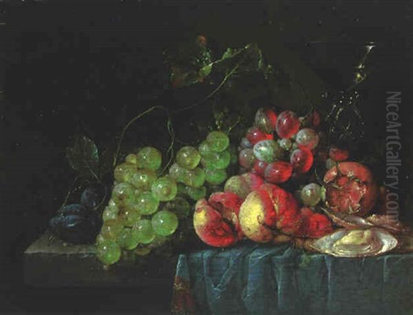 Fruit, Oysters And A Wineglass On A Partly Draped Stone Ledge Oil Painting by Cornelis De Heem