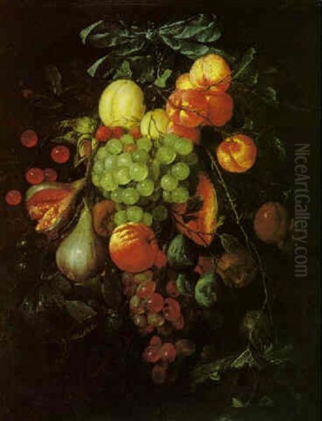 Still Life Of A Bunch Of Fruit, Suspended From A Blue Silk Bow, With Figs, Oranges, Grapes, Lemons And Plums Oil Painting by Cornelis De Heem