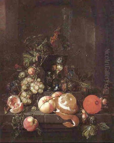 Still Life Of A Roemer, Glass, Fruit, Vines, Nuts, On A Stone Ledge Within A Stone Niche Oil Painting by Cornelis De Heem