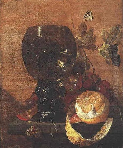 Nature Morte Au Citron Et Au Verre Rohmer Sur Un Entablement Oil Painting by Cornelis De Heem