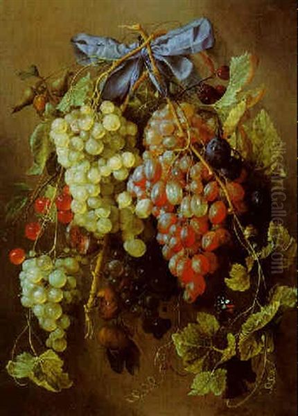 A Still Life Of Grapes, Cherries, Plums, And Hazelnuts, Hanging From A Nail With A Blue Ribbon, With A Butterfly And Snail Oil Painting by Cornelis De Heem