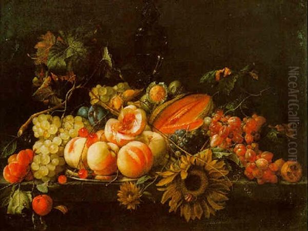 A Still Life Of Peaches And Cherries On A Salver With Other Fruits, Nuts And Sunflowers Oil Painting by Cornelis De Heem