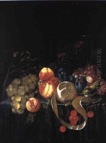 Peaches, Cherries And A Lemon On A Plate With Other Fruit On A Draped Ledge Oil Painting by Cornelis De Heem