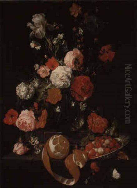 Still Life Of Flowers With A Peeled Orange And Other Fruit On A Marble Ledge Oil Painting by Cornelis De Heem