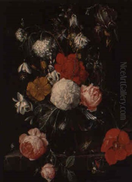 Bouquet De Fleurs Dans Un Vase En Verre Oil Painting by Cornelis De Heem