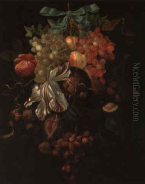 Fruits Et Fleurs Assembles Et Tenus Par Un Ruban Oil Painting by Cornelis De Heem