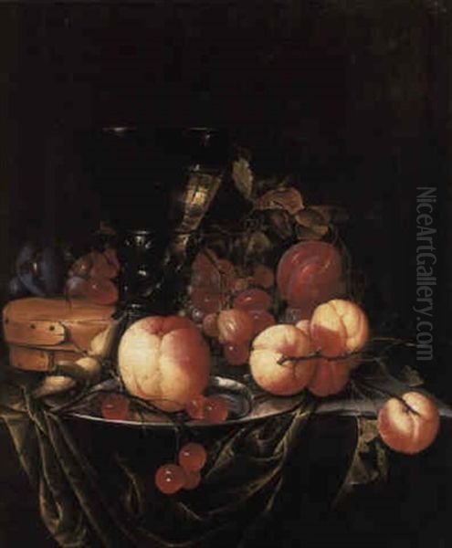 Grapes, A Peach And Other Fruit Scattered Around A Roemer On A Stone Ledge Oil Painting by Cornelis De Heem