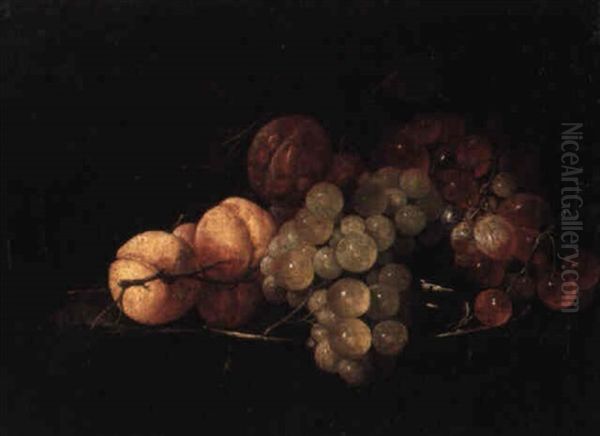 Still Lifes Of Grapes, Peaches And Plums On Pewter Platters Oil Painting by Cornelis De Heem