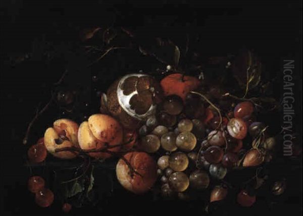 Still Life Of Peaches And Grapes On A Ledge Oil Painting by Cornelis De Heem