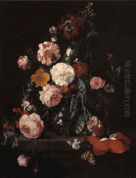 A Still Life Of Flowers In A Glass Vase On A Ledge Oil Painting by Cornelis De Heem