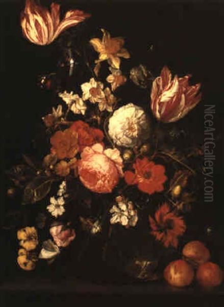 Still Life Of Roses And Other Flowers In A Vase With Butterflies On A Ledge Oil Painting by Cornelis De Heem