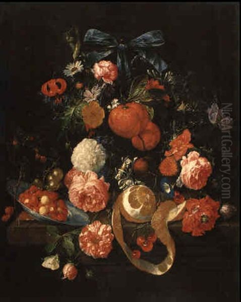 Oranges And Other Flowers Hanging From A Ribbon With Berries In A Bowl Oil Painting by Cornelis De Heem