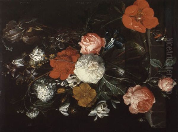 Bouquet De Fleurs Dans Un Vase En Verre Sur Un Entablement Oil Painting by Cornelis De Heem