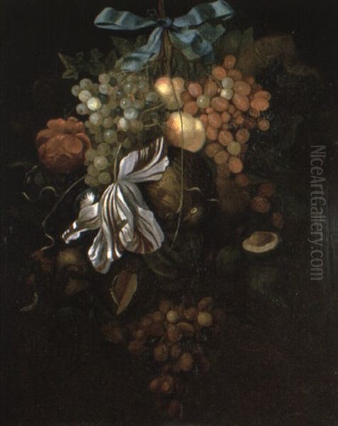 Swag Of Flowers And Fruit Hanging On A Nail Oil Painting by Cornelis De Heem